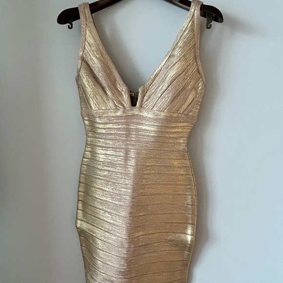 Herve Leger Gold Ruched Bodycon Dress - Picture 1 of 10
